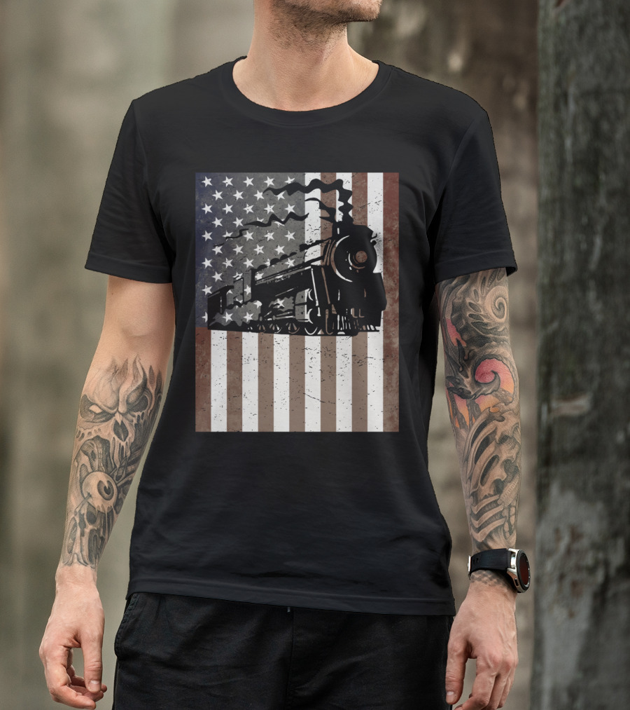 American Flag Steam Train Vintage Model Builder T-Shirt