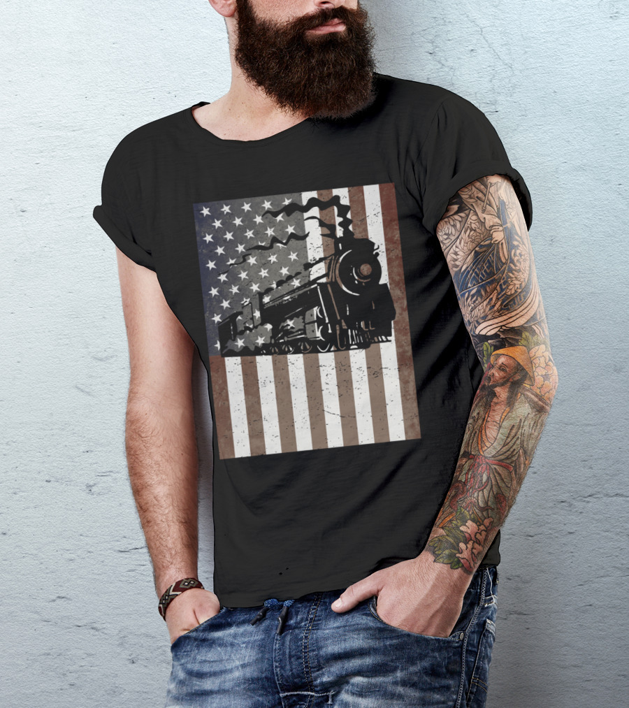 American Flag Steam Train Vintage Model Builder T-Shirt