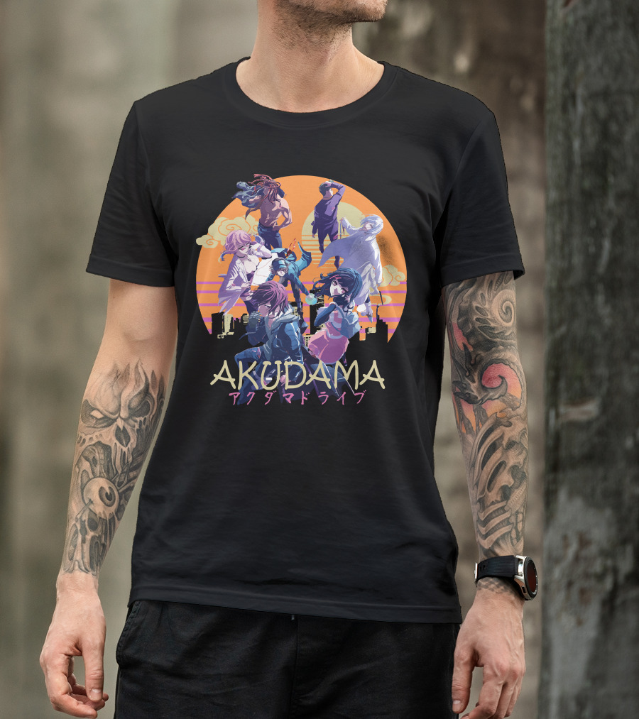AKUDAMA アクダマドライブ Characters In Sunset City Skyline Scene T-Shirt