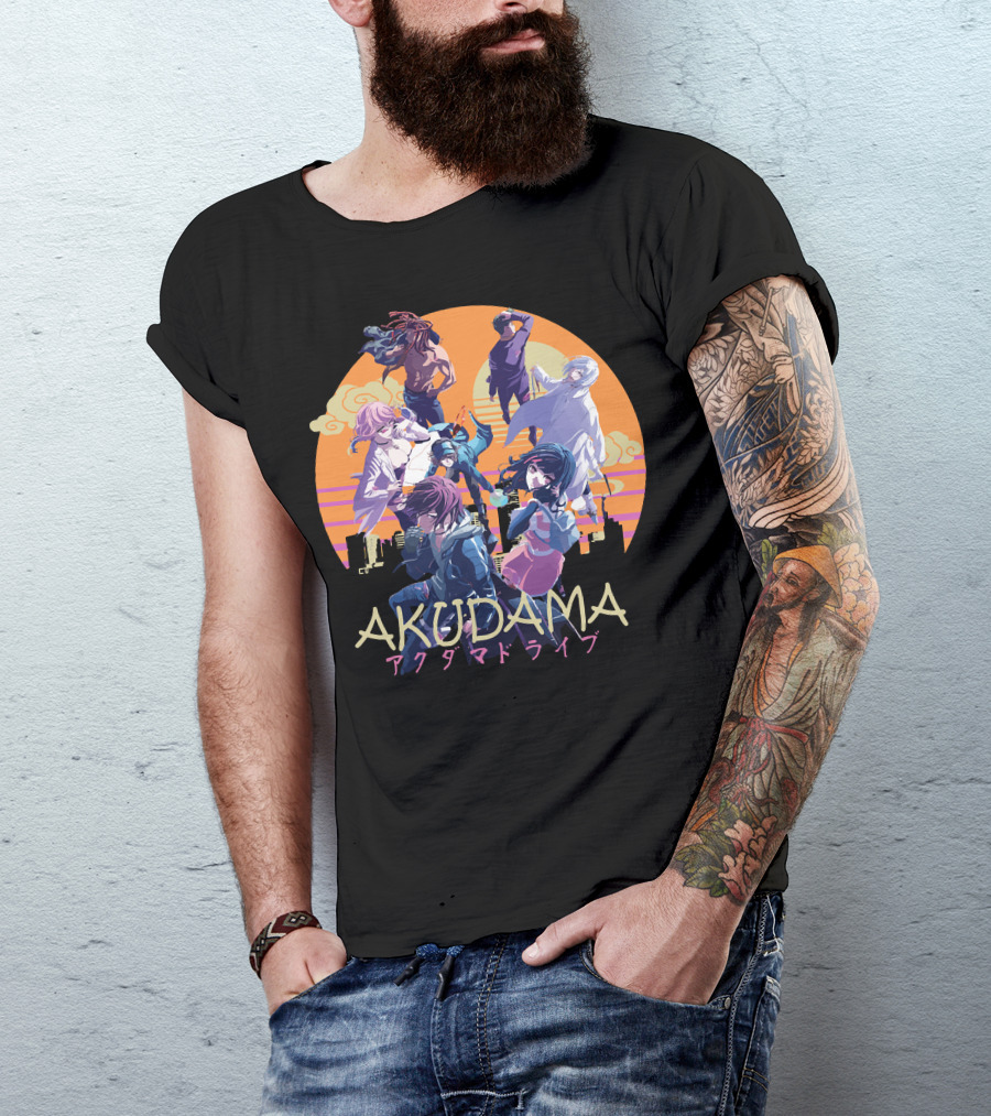 AKUDAMA アクダマドライブ Characters In Sunset City Skyline Scene T-Shirt