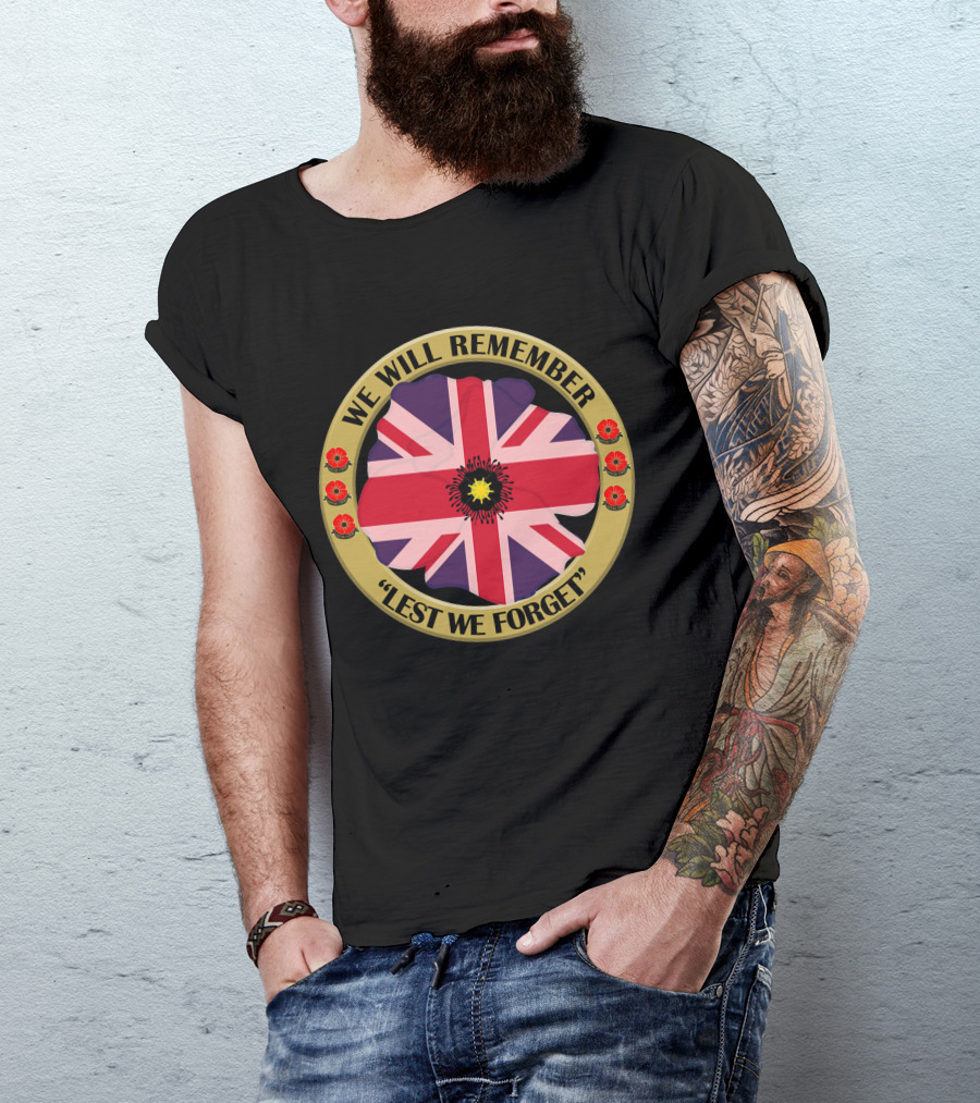 We Will Remember Lest We Forget Union Jack Poppy Remembrance T-Shirt