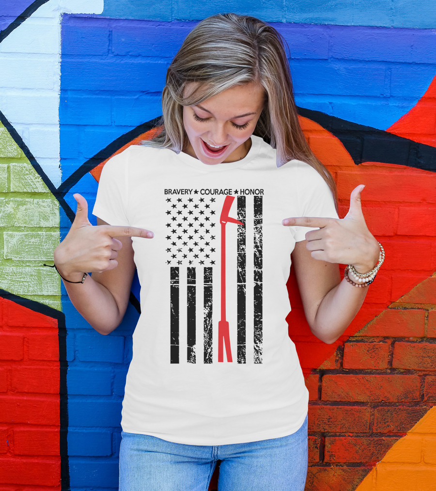 BRAVERY COURAGE HONOR Firefighter Flag With Red Halligan Tool T-Shirt