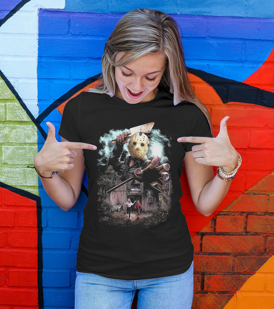 Friday The 13th Jason Voorhees Mask And Cabin Scene T-Shirt