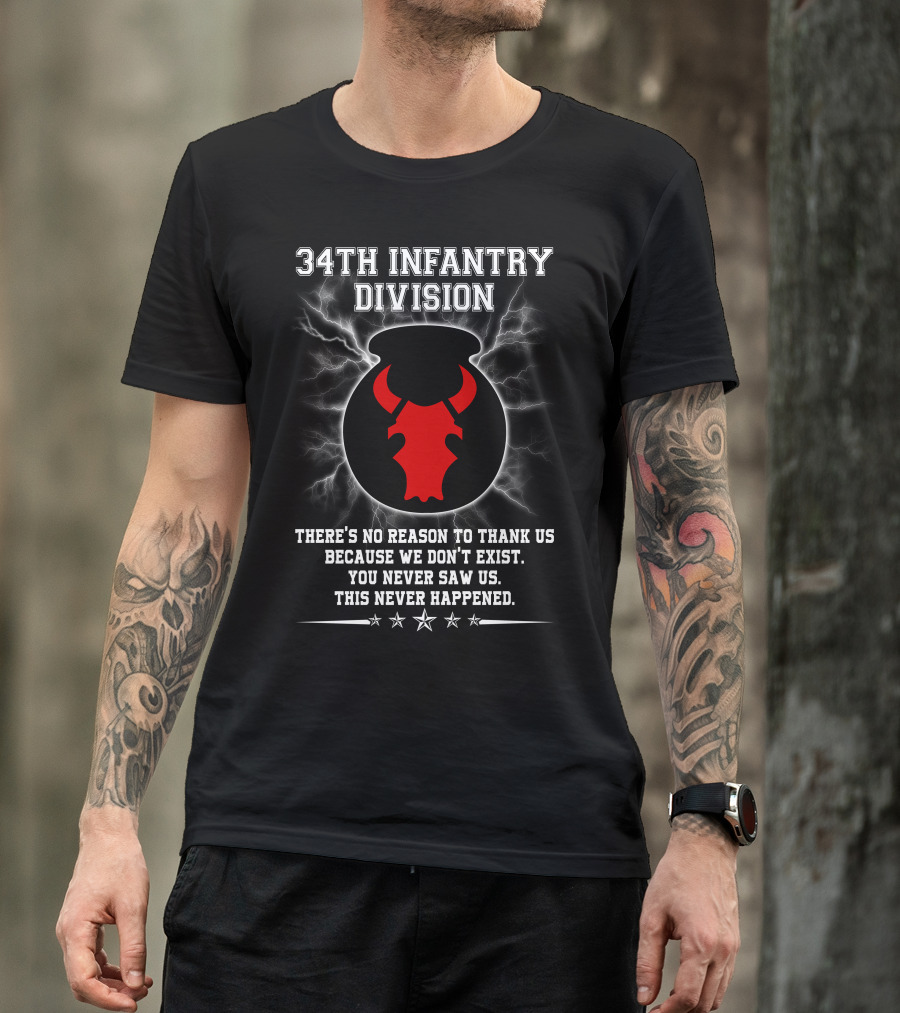 34Th Infantry Division Red Bull Skull With Lightning And Secret Message T-Shirt