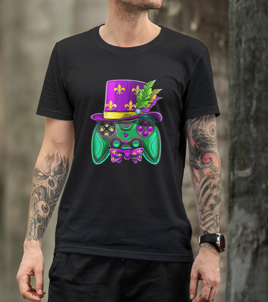 Mardi Gras Fleur-de-Lis Video Game Controller Jester Hat Bow Tie T-Shirt