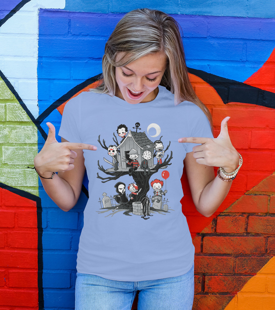 Horror Icons Treehouse Adventure With Scream Mask T-Shirt