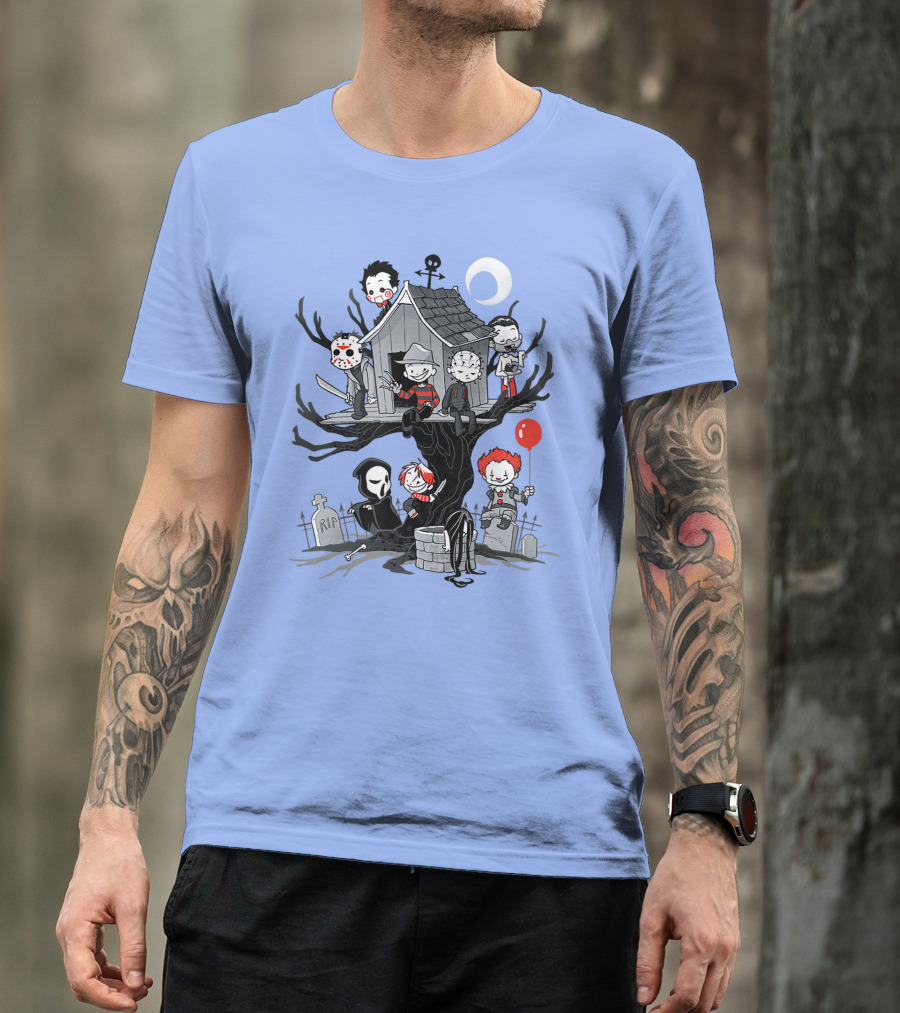 Horror Icons Treehouse Adventure With Scream Mask T-Shirt