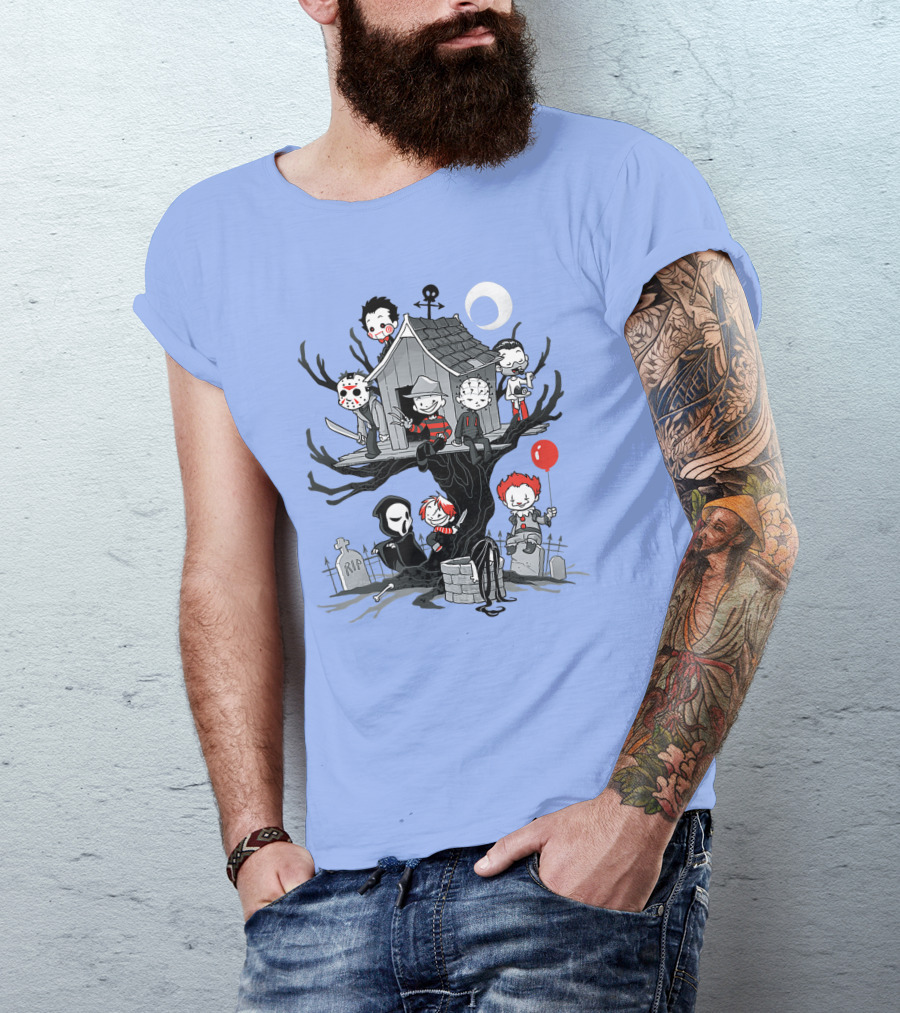 Horror Icons Treehouse Adventure With Scream Mask T-Shirt