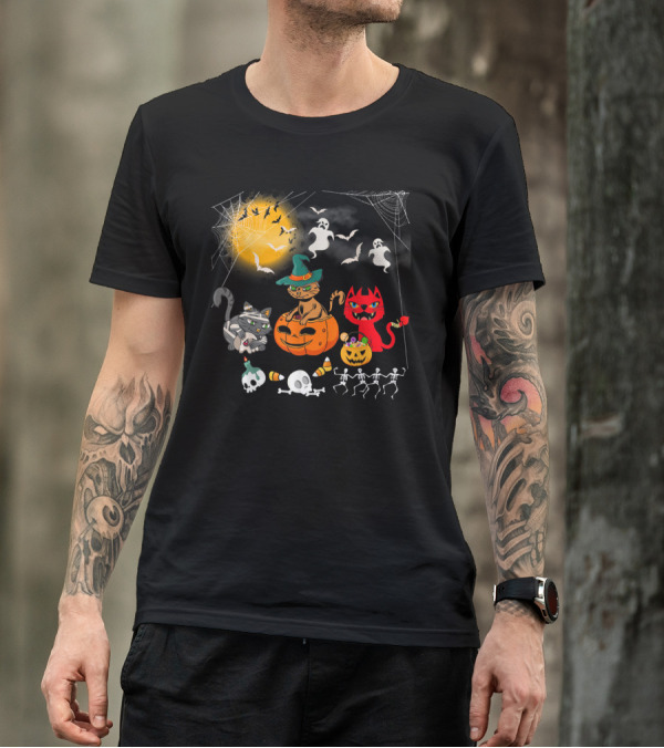 Halloween Funny Cat Lover With Witch Cat And Devil Cat T-Shirt