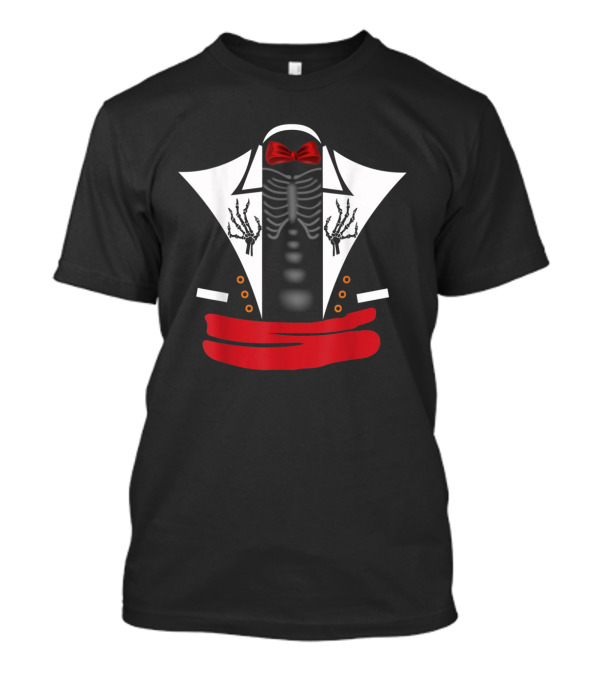 Dia De Los Muertos Skeleton Tuxedo Costume With Red Bow Tie And Sash T-Shirt