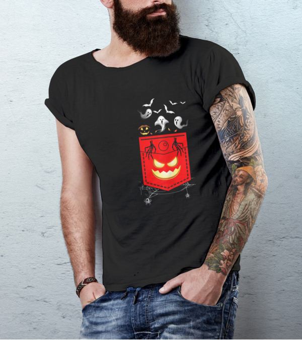 Halloween Costume Ghosts Peeking Pocket Pumpkin Bats Skeleton Spiders T-Shirt