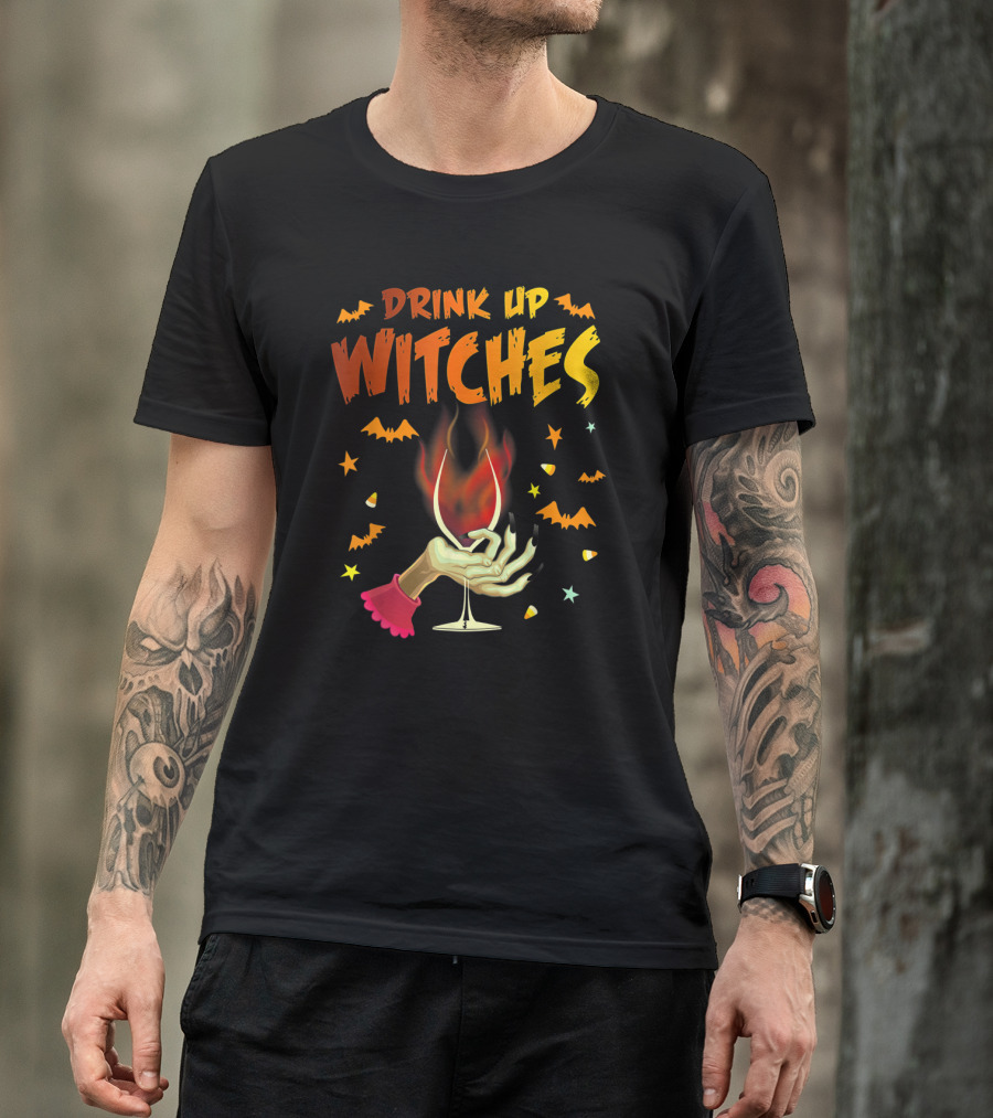 Drink Up Witches Halloween Witch Hand Wine Glass Bat Candy Corn T-Shirt