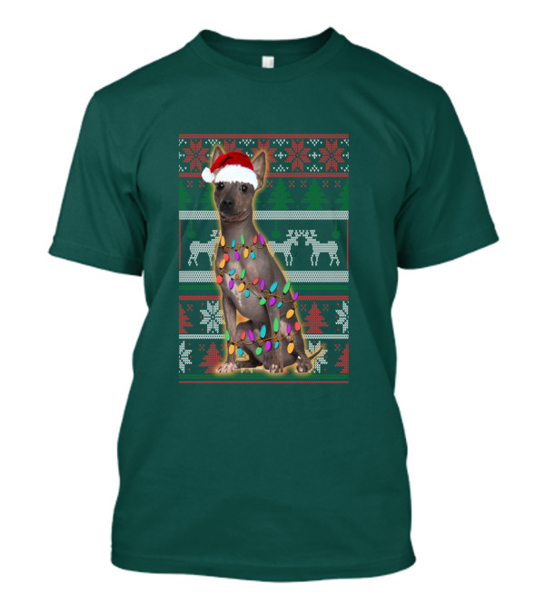 American Hairless Terrier Christmas Lights Santa Hat T-Shirt