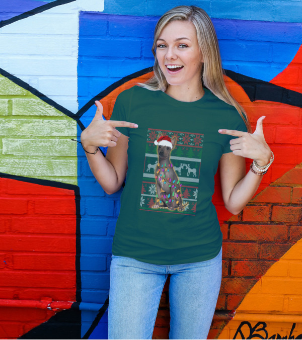 American Hairless Terrier Christmas Lights Santa Hat T-Shirt