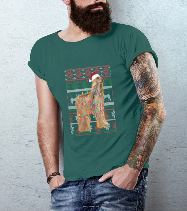 Afghan Hound Christmas Lights Santa Hat Ugly T-Shirt