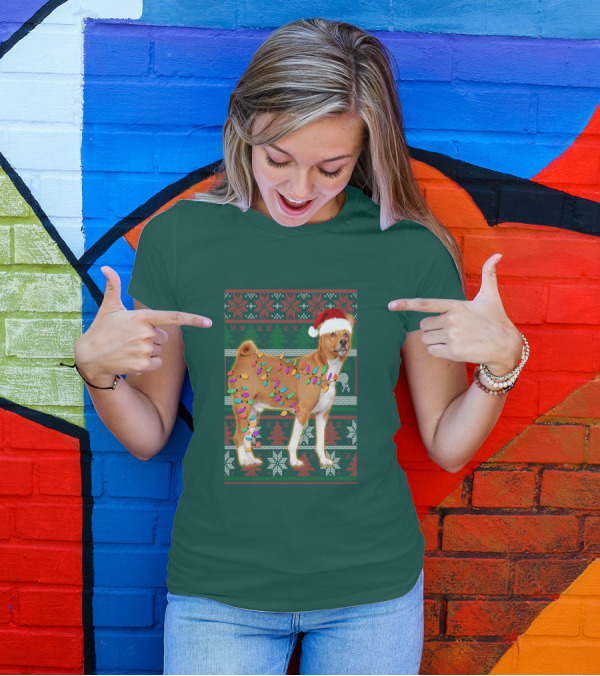 Basenji Christmas Lights Holiday Sweater Dog With Santa Hat T-Shirt