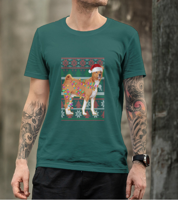 Basenji Christmas Lights Holiday Sweater Dog With Santa Hat T-Shirt