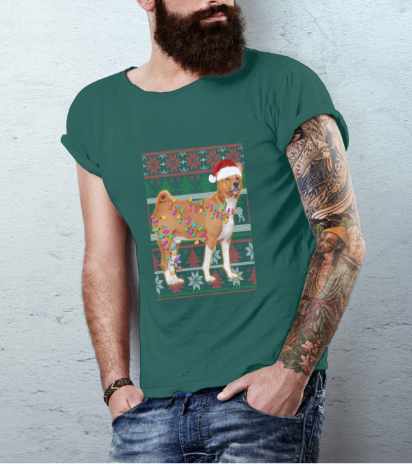 Basenji Christmas Lights Holiday Sweater Dog With Santa Hat T-Shirt