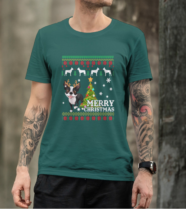 Merry Christmas Boston Terrier Holiday T-Shirt