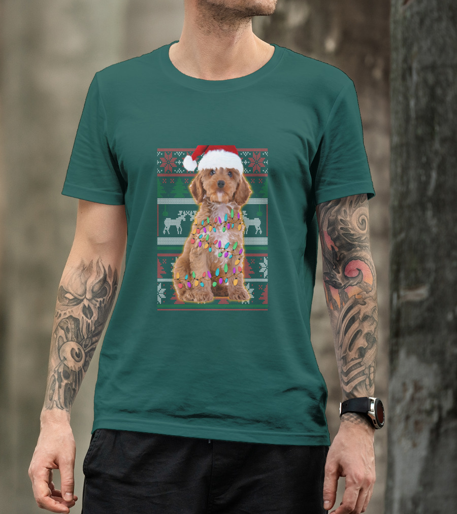 Cockapoo Santa Hat Christmas Lights Reindeer Ugly T-Shirt