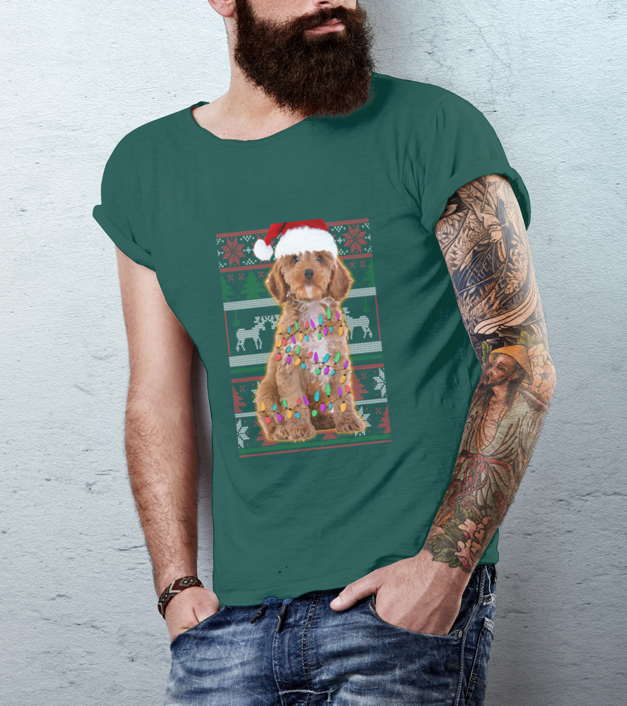 Cockapoo Santa Hat Christmas Lights Reindeer Ugly T-Shirt