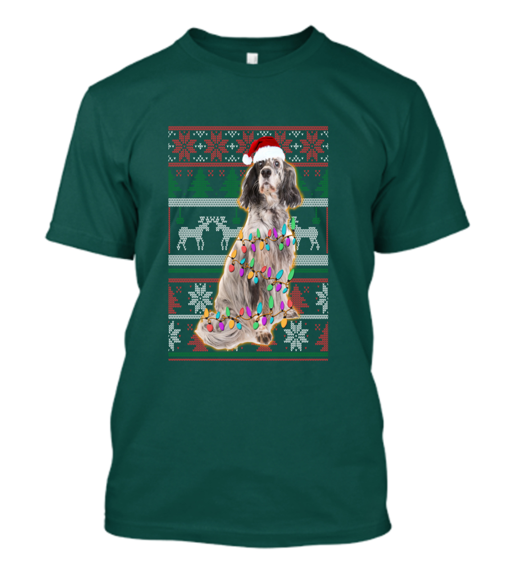 English Setter Christmas Lights Ugly Sweater Santa Hat T-Shirt