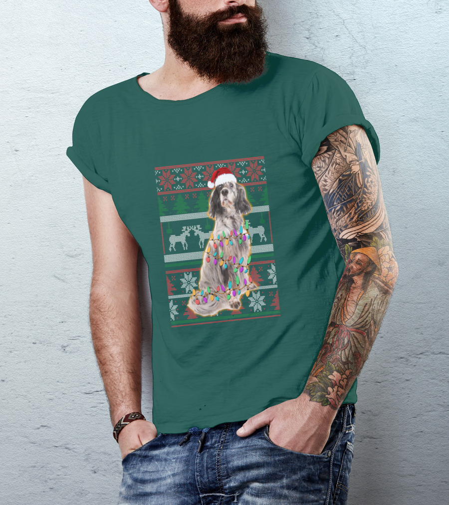 English Setter Christmas Lights Ugly Sweater Santa Hat T-Shirt