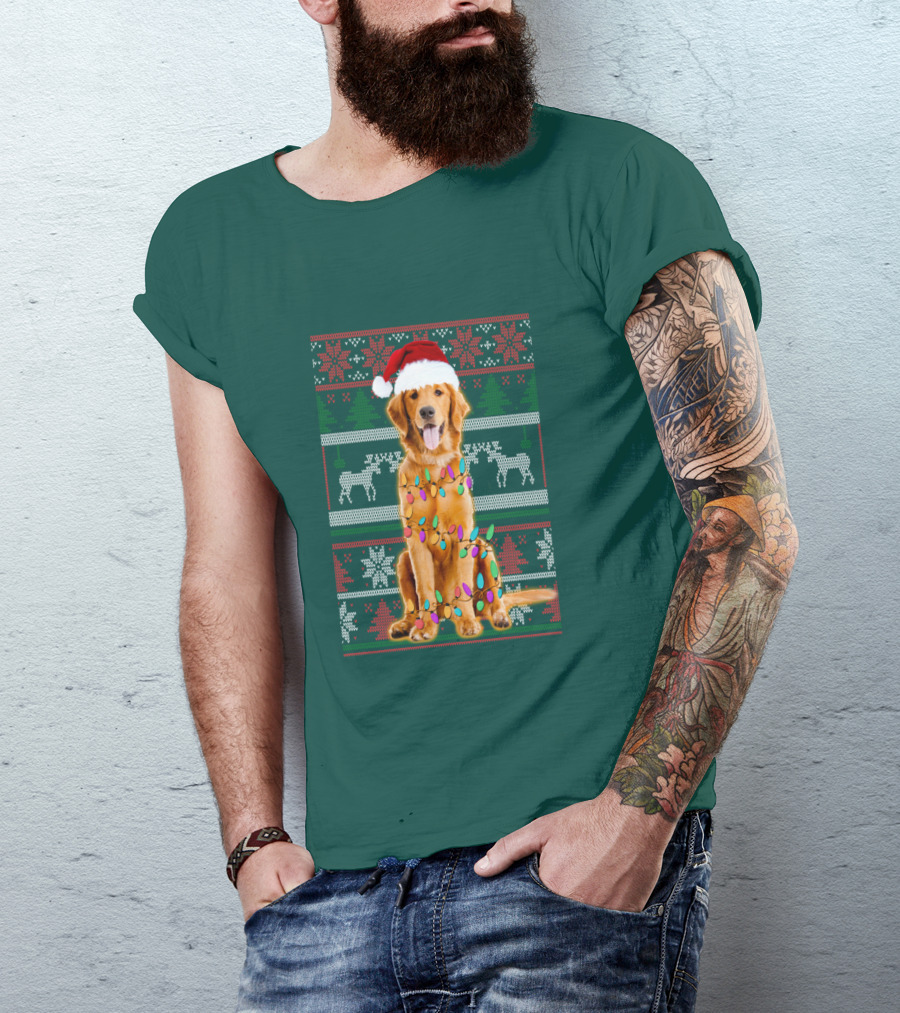 Golden Retriever Christmas Santa Hat Lights Holiday T-Shirt