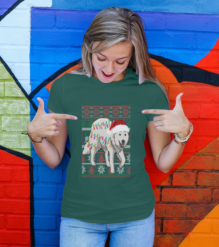 Great Pyrenees Christmas Lights And Santa Hat Holiday T-Shirt
