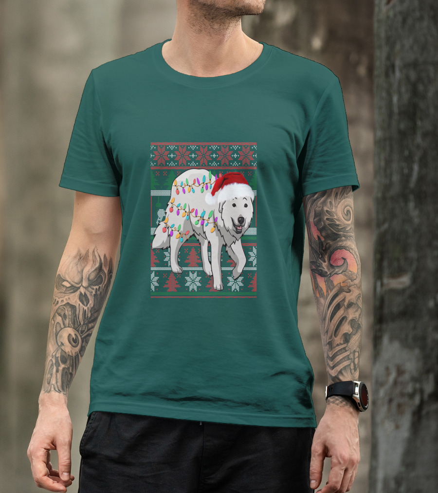 Great Pyrenees Christmas Lights And Santa Hat Holiday T-Shirt