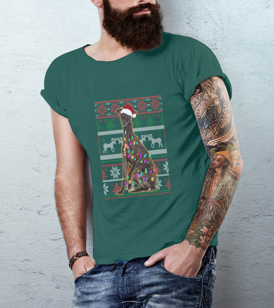 Greyhound Christmas Santa Hat And Lights Ugly T-Shirt