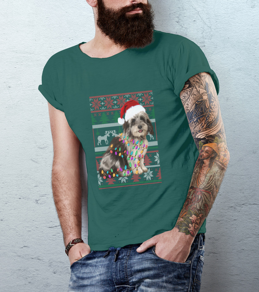 Havanese Festive Christmas Lights Santa Hat Ugly T-Shirt