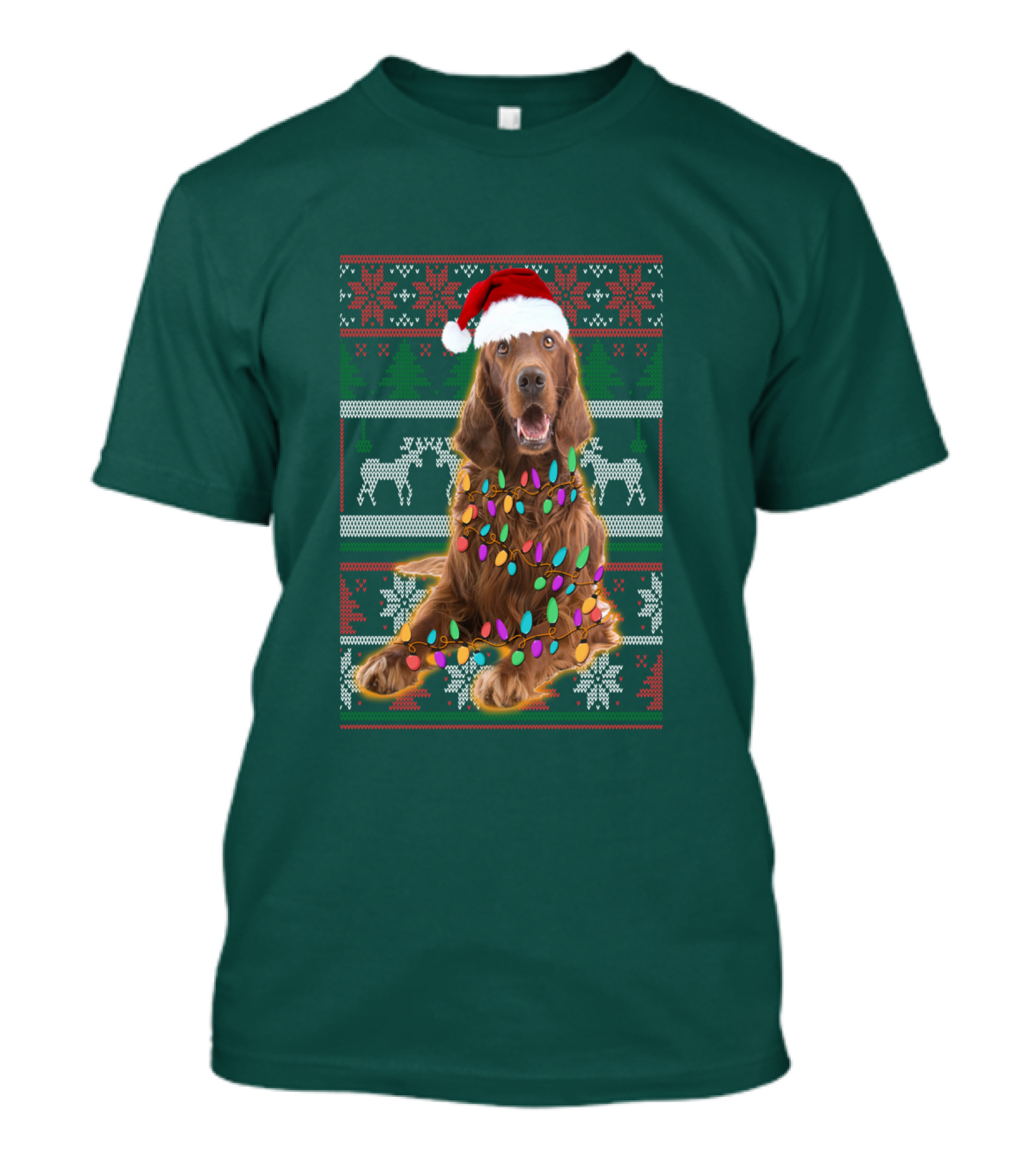 Christmas Irish Setter Reindeer Santa Hat Lights T-Shirt