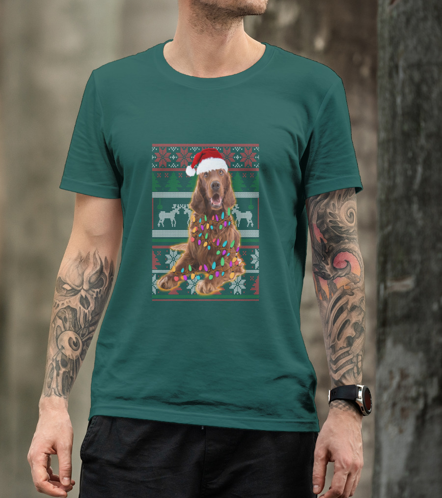 Christmas Irish Setter Reindeer Santa Hat Lights T-Shirt