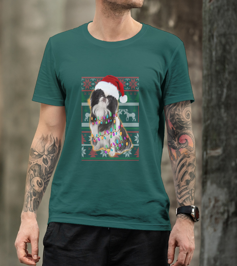 Japanese Chin Christmas Lights Sweater Santa Hat T-Shirt