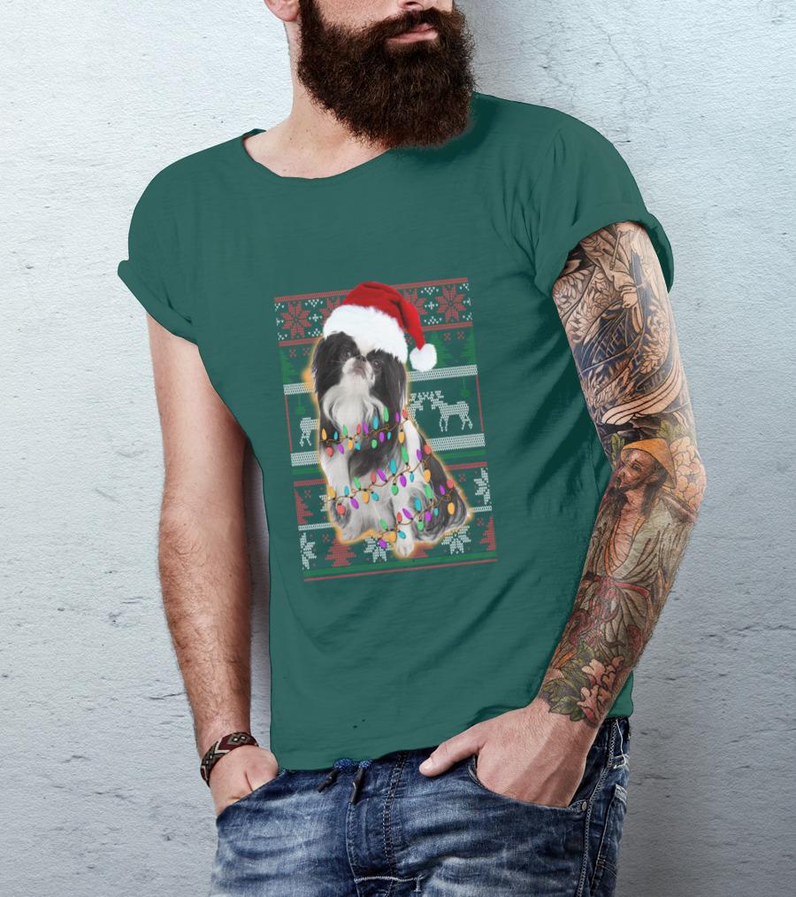 Japanese Chin Christmas Lights Sweater Santa Hat T-Shirt