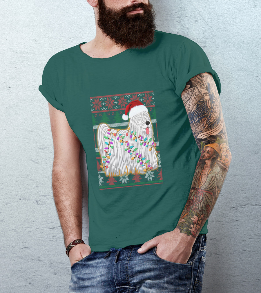 Komondor Christmas Lights Ugly Sweater Santa Hat T-Shirt