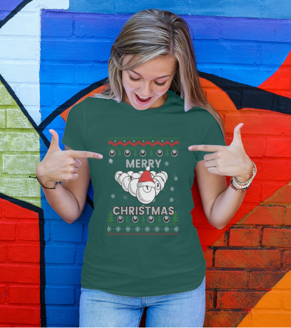 Merry Christmas Santa Hat Billiards Pool Balls Holiday Snowflakes T-Shirt