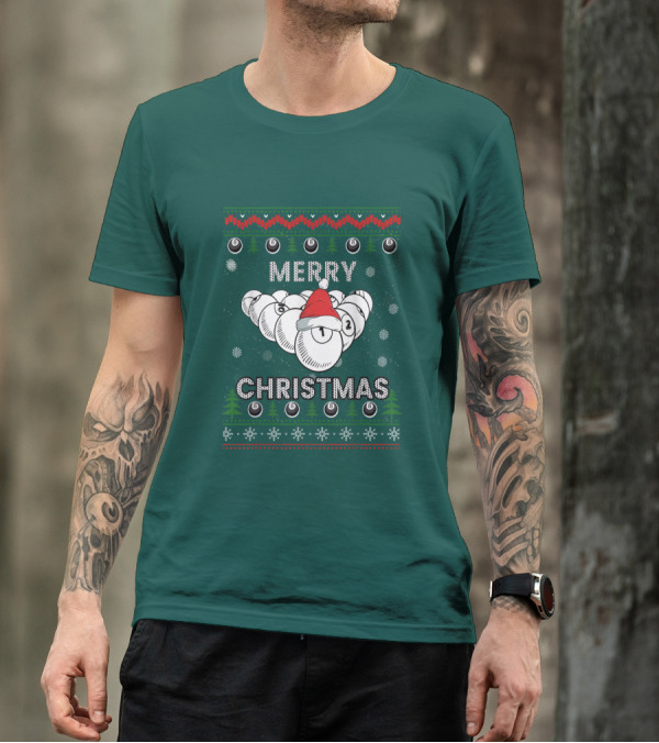 Merry Christmas Santa Hat Billiards Pool Balls Holiday Snowflakes T-Shirt