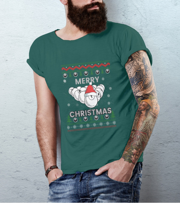 Merry Christmas Santa Hat Billiards Pool Balls Holiday Snowflakes T-Shirt