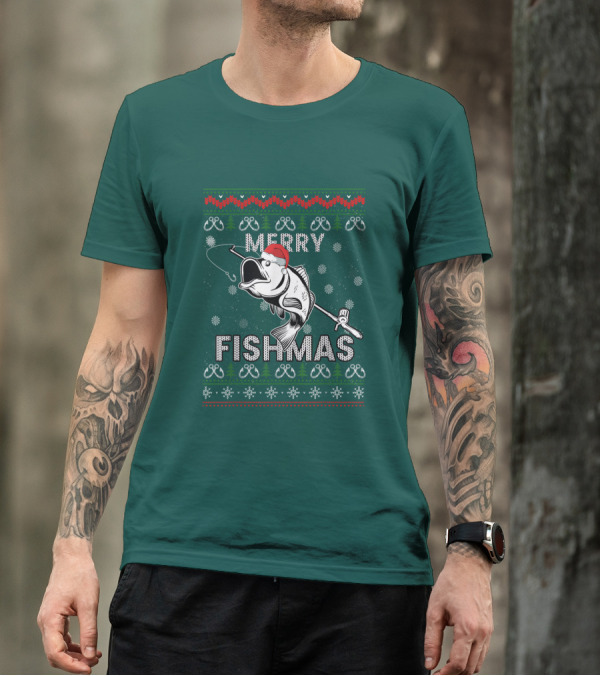 Merry Fishmas Fishing Santa Hat Bass Ugly Christmas T-Shirt