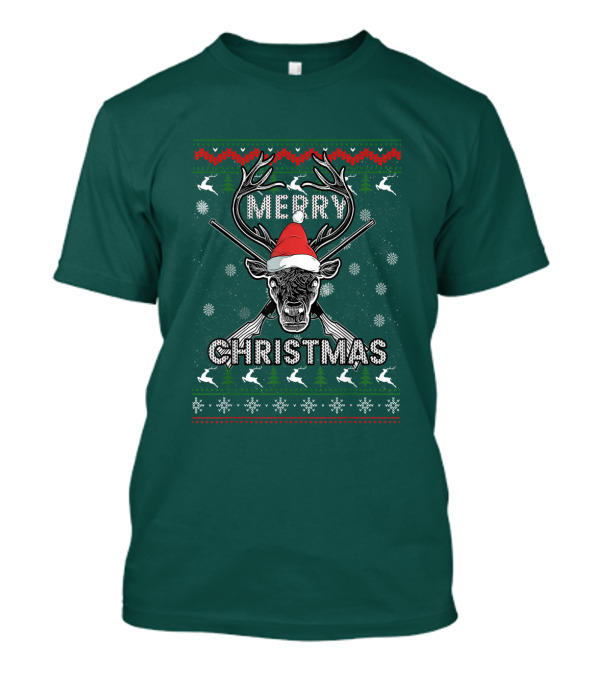 Merry Christmas Hunting Deer Antlers Santa Hat Snowflakes T-Shirt