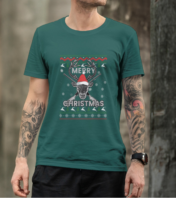 Merry Christmas Hunting Deer Antlers Santa Hat Snowflakes T-Shirt