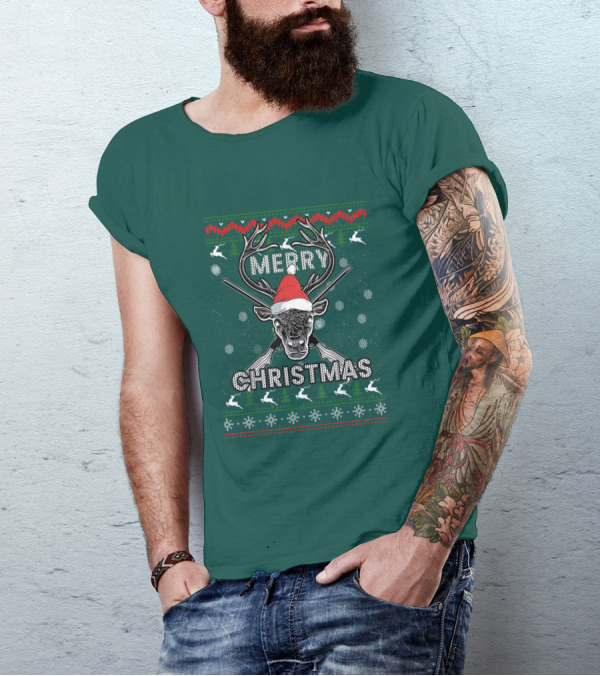 Merry Christmas Hunting Deer Antlers Santa Hat Snowflakes T-Shirt