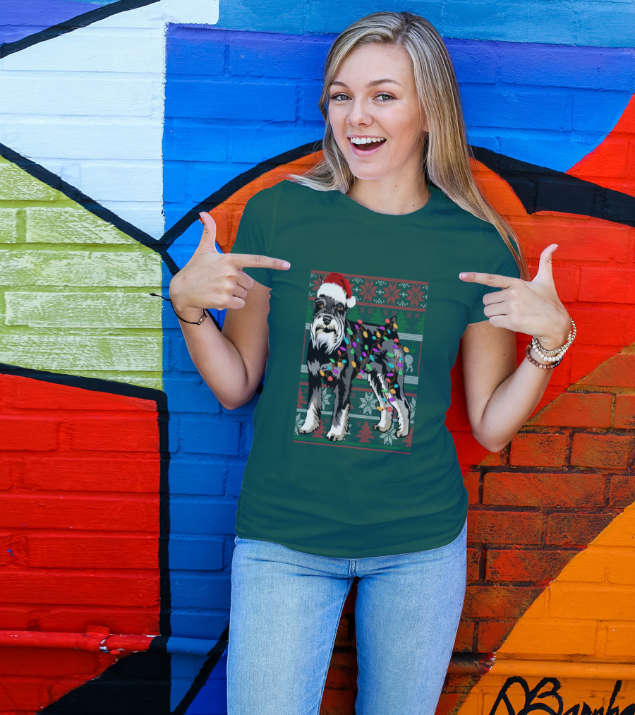 Miniature Schnauzer Christmas Sweater Santa Hat And Holiday Lights T-Shirt