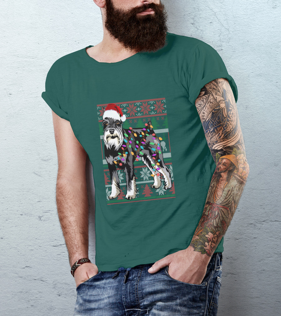 Miniature Schnauzer Christmas Sweater Santa Hat And Holiday Lights T-Shirt