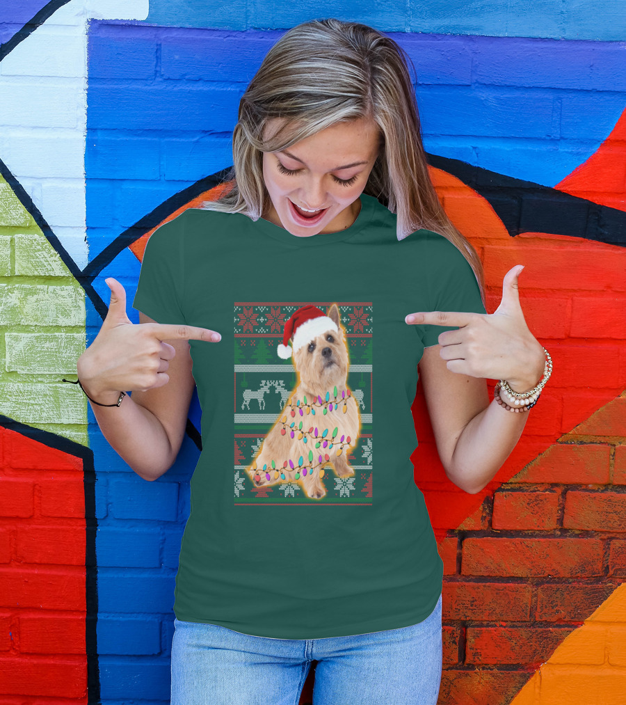 Norfolk Terrier Christmas Lights Sweater Santa Hat T-Shirt