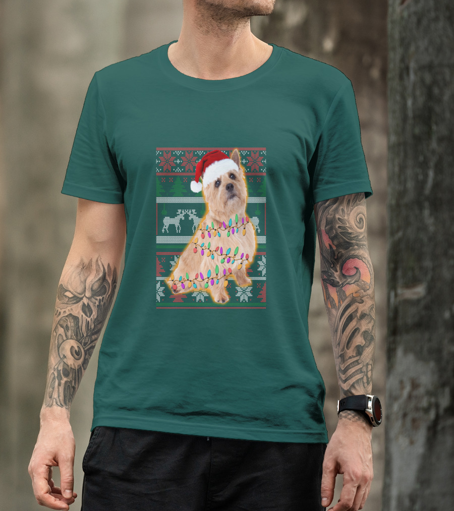 Norfolk Terrier Christmas Lights Sweater Santa Hat T-Shirt