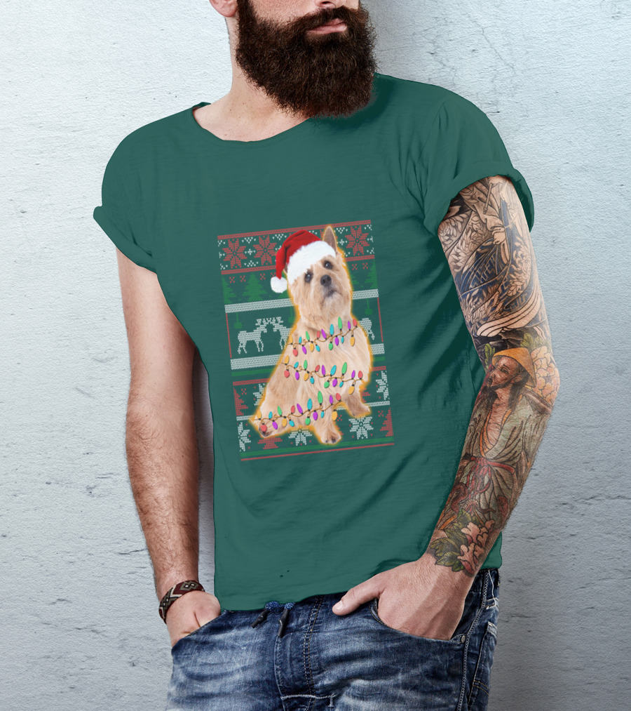 Norfolk Terrier Christmas Lights Sweater Santa Hat T-Shirt
