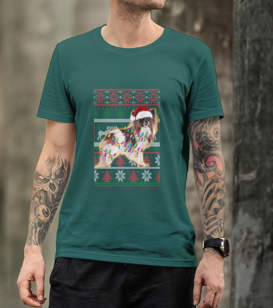 Papillon Dog In Christmas Sweater With Lights And Santa Hat T-Shirt